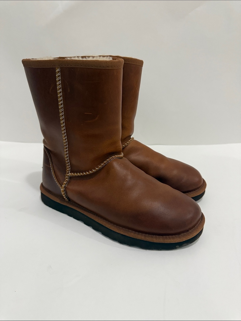 UGG Brown Leather Mid-Calf Shearling Booties